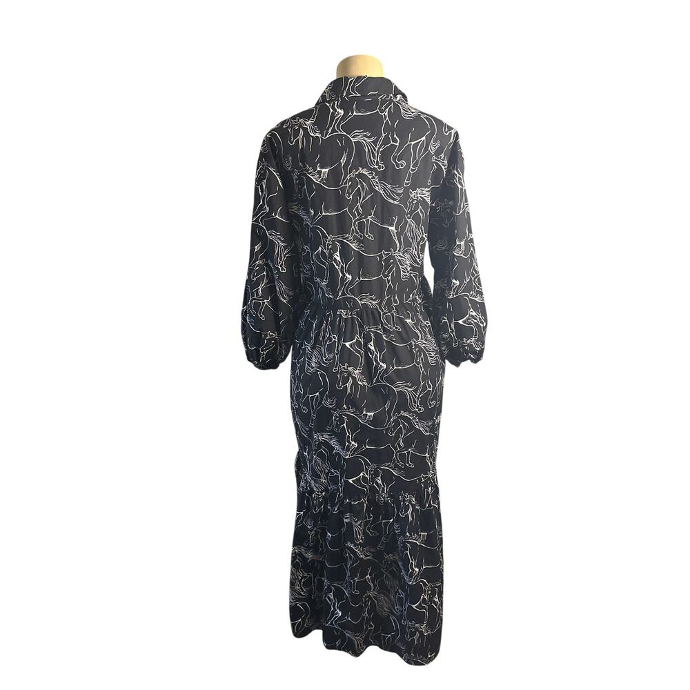 Women M Anthropologie Maeve Bettina Tiered Navy Horse Pony Printed Shirt Dress - Picture 5 of 8